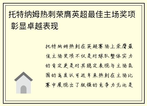 托特纳姆热刺荣膺英超最佳主场奖项 彰显卓越表现